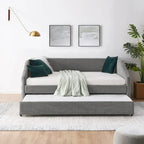 Lit de repos capitonné en lin beige/gris avec 2 tiroirs, jumeau/double, 1 place