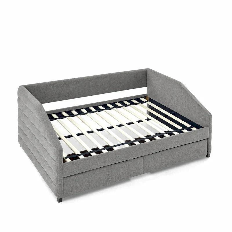 Lit de repos capitonné en lin beige/gris avec 2 tiroirs, jumeau/double, 1 place