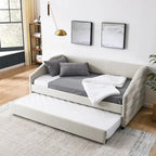 Lit de repos capitonné en lin beige/gris avec 2 tiroirs, jumeau/double, 1 place