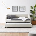 Lit de repos capitonné en lin beige/gris avec 2 tiroirs, jumeau/double, 1 place