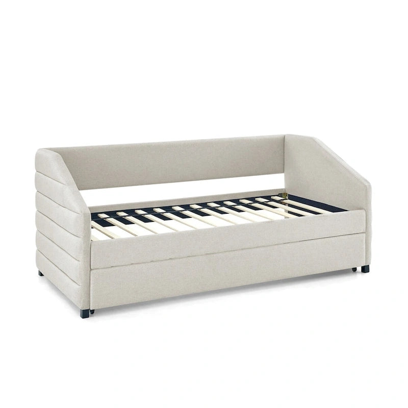 Lit de repos capitonné en lin beige/gris avec 2 tiroirs, jumeau/double, 1 place