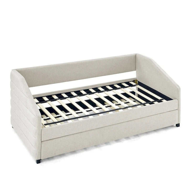 Lit de repos capitonné en lin beige/gris avec 2 tiroirs, jumeau/double, 1 place