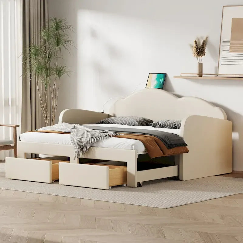 Lit de repos jumeau en velours beige/rose/gris avec lit gigogne relevable et 2 tiroirs, 2 couchages
