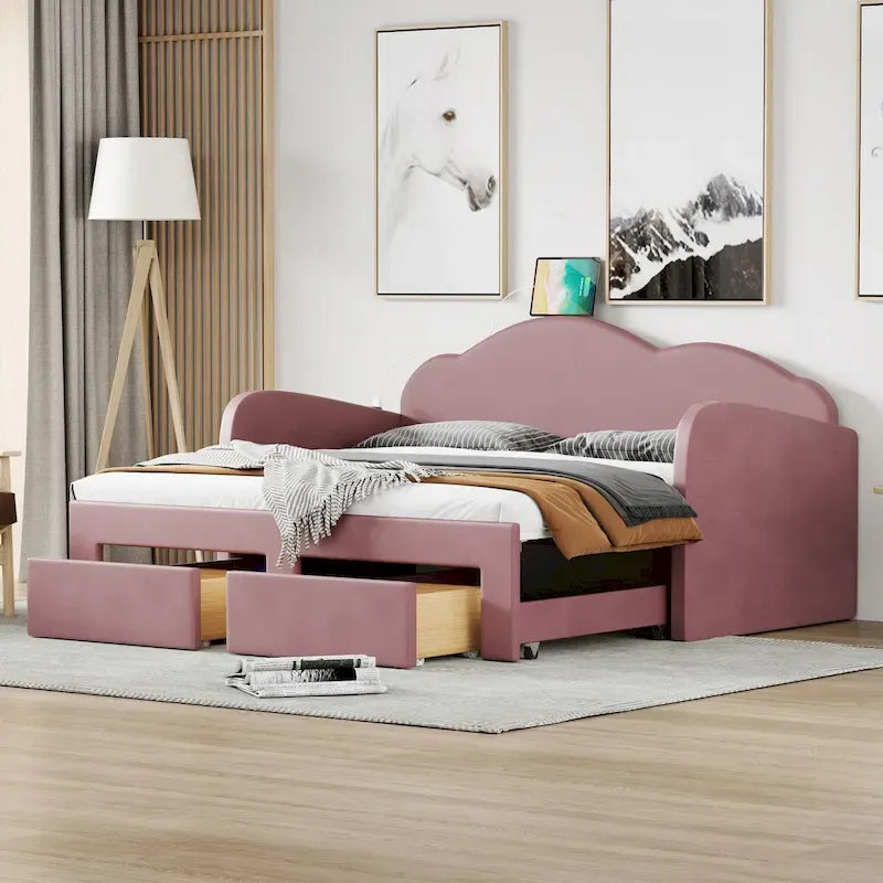 Lit de repos jumeau en velours beige/rose/gris avec lit gigogne relevable et 2 tiroirs, 2 couchages