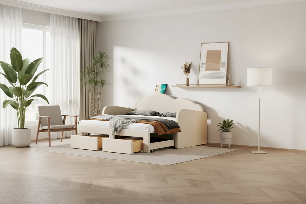 Lit de repos jumeau en velours beige/rose/gris avec lit gigogne relevable et 2 tiroirs, 2 couchages