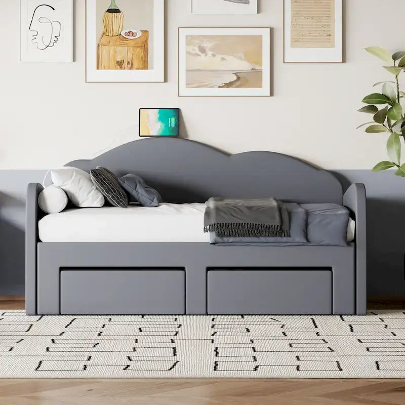 Lit de repos jumeau en velours beige/rose/gris avec lit gigogne relevable et 2 tiroirs, 2 couchages