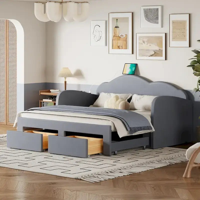 Lit de repos jumeau en velours beige/rose/gris avec lit gigogne relevable et 2 tiroirs, 2 couchages