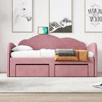 Lit de repos jumeau en velours beige/rose/gris avec lit gigogne relevable et 2 tiroirs, 2 couchages