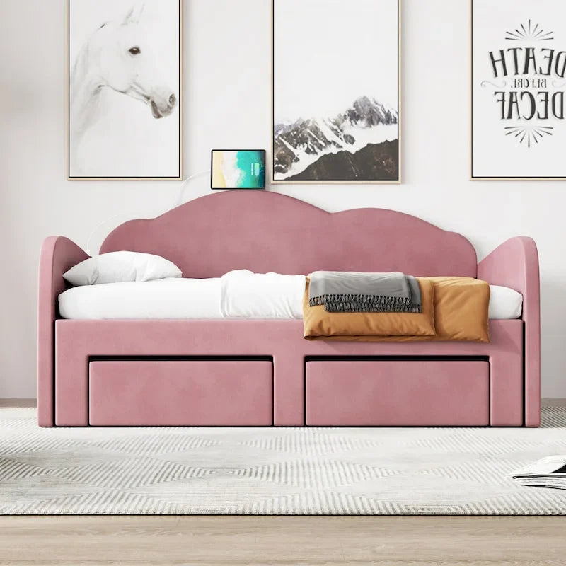 Lit de repos jumeau en velours beige/rose/gris avec lit gigogne relevable et 2 tiroirs, 2 couchages