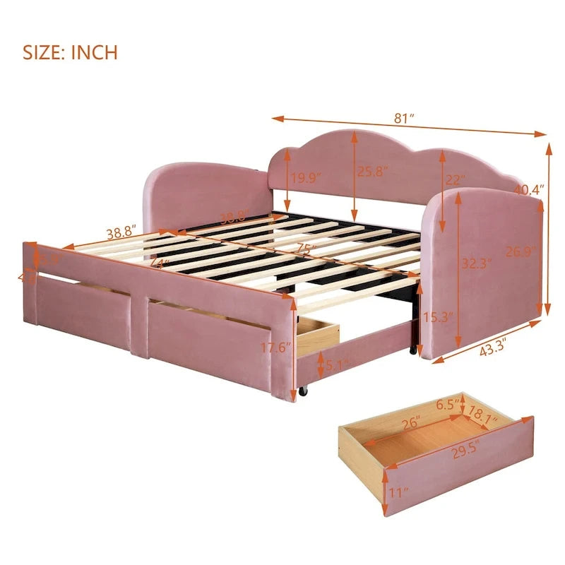Lit de repos jumeau en velours beige/rose/gris avec lit gigogne relevable et 2 tiroirs, 2 couchages