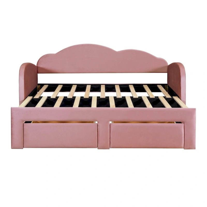 Lit de repos jumeau en velours beige/rose/gris avec lit gigogne relevable et 2 tiroirs, 2 couchages