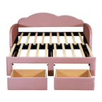 Lit de repos jumeau en velours beige/rose/gris avec lit gigogne relevable et 2 tiroirs, 2 couchages