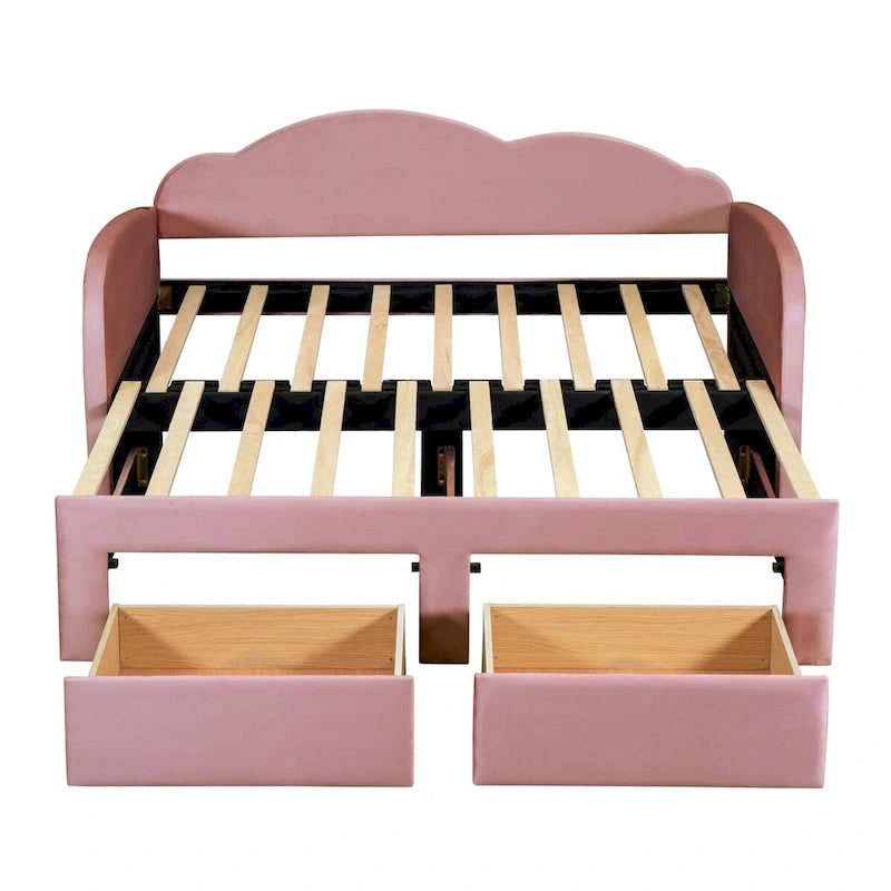 Lit de repos jumeau en velours beige/rose/gris avec lit gigogne relevable et 2 tiroirs, 2 couchages