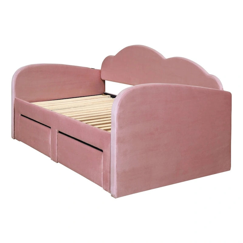 Lit de repos jumeau en velours beige/rose/gris avec lit gigogne relevable et 2 tiroirs, 2 couchages