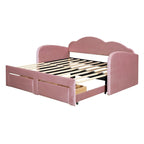 Lit de repos jumeau en velours beige/rose/gris avec lit gigogne relevable et 2 tiroirs, 2 couchages