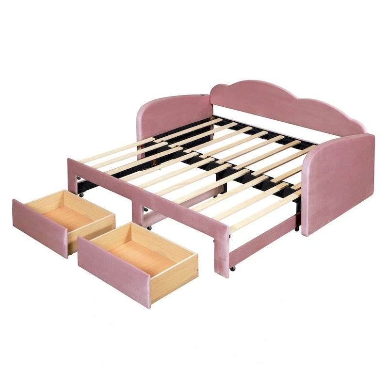 Lit de repos jumeau en velours beige/rose/gris avec lit gigogne relevable et 2 tiroirs, 2 couchages