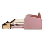 Lit de repos jumeau en velours beige/rose/gris avec lit gigogne relevable et 2 tiroirs, 2 couchages