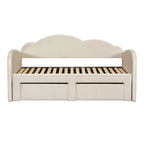 Lit de repos jumeau en velours beige/rose/gris avec lit gigogne relevable et 2 tiroirs, 2 couchages