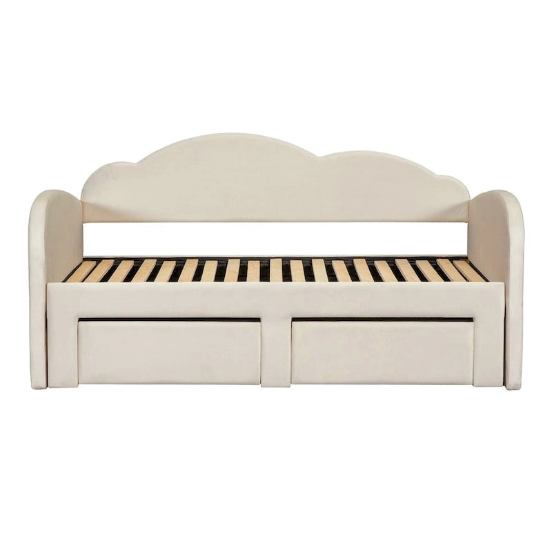 Lit de repos jumeau en velours beige/rose/gris avec lit gigogne relevable et 2 tiroirs, 2 couchages