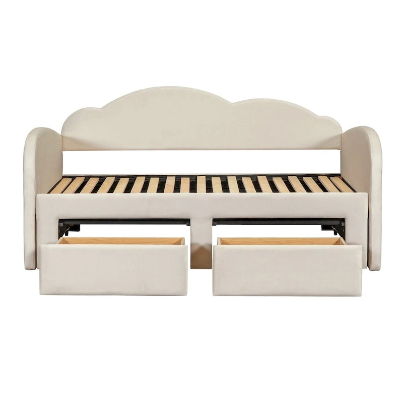 Lit de repos jumeau en velours beige/rose/gris avec lit gigogne relevable et 2 tiroirs, 2 couchages