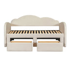 Lit de repos jumeau en velours beige/rose/gris avec lit gigogne relevable et 2 tiroirs, 2 couchages