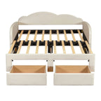 Lit de repos jumeau en velours beige/rose/gris avec lit gigogne relevable et 2 tiroirs, 2 couchages