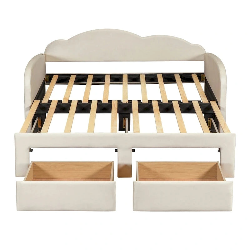 Lit de repos jumeau en velours beige/rose/gris avec lit gigogne relevable et 2 tiroirs, 2 couchages