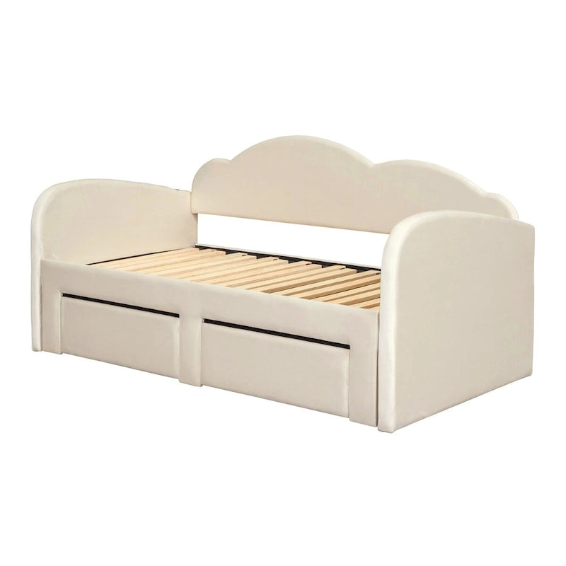 Lit de repos jumeau en velours beige/rose/gris avec lit gigogne relevable et 2 tiroirs, 2 couchages