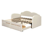 Lit de repos jumeau en velours beige/rose/gris avec lit gigogne relevable et 2 tiroirs, 2 couchages