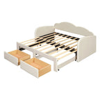 Lit de repos jumeau en velours beige/rose/gris avec lit gigogne relevable et 2 tiroirs, 2 couchages