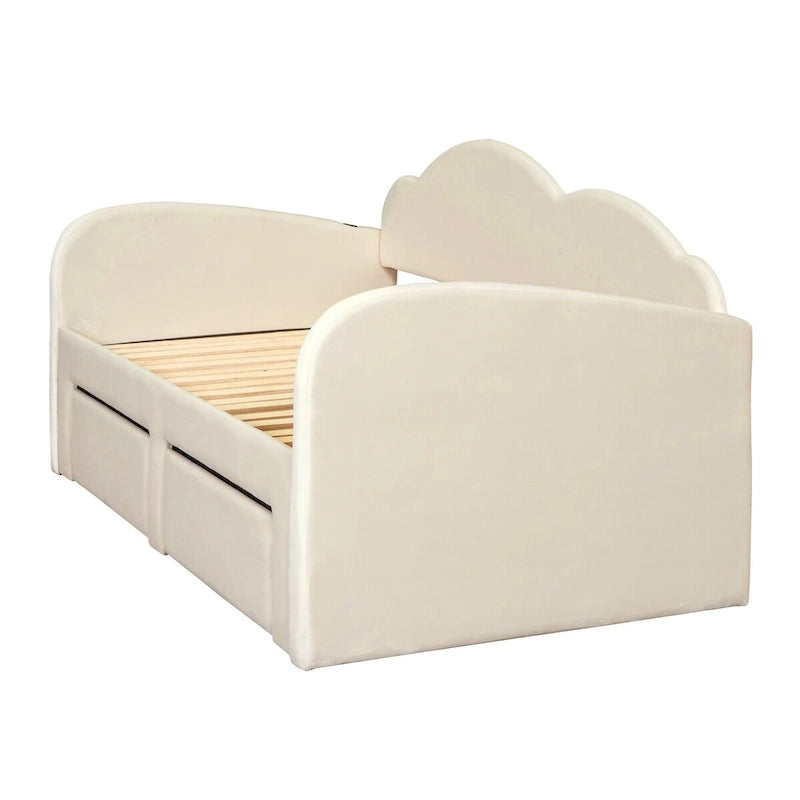 Lit de repos jumeau en velours beige/rose/gris avec lit gigogne relevable et 2 tiroirs, 2 couchages