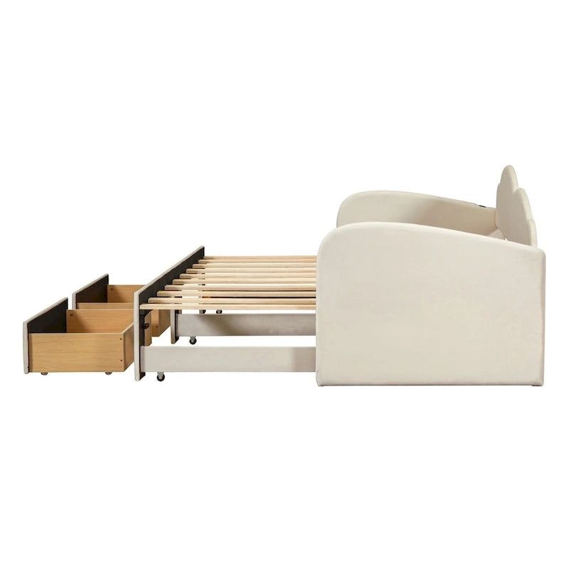 Lit de repos jumeau en velours beige/rose/gris avec lit gigogne relevable et 2 tiroirs, 2 couchages