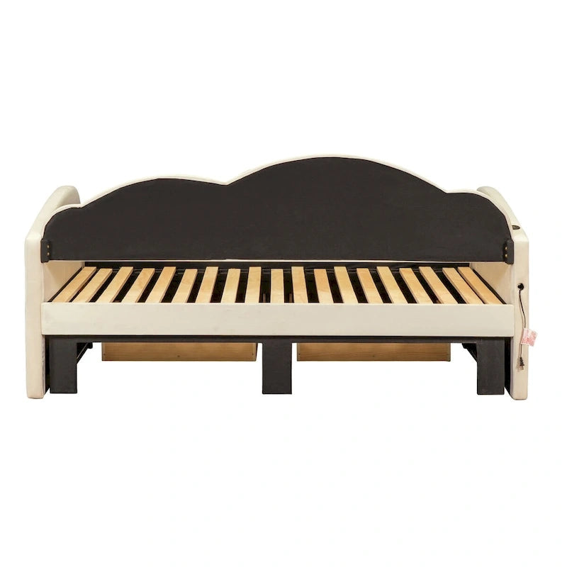 Lit de repos jumeau en velours beige/rose/gris avec lit gigogne relevable et 2 tiroirs, 2 couchages