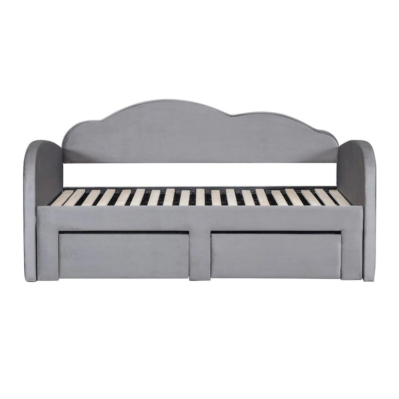 Lit de repos jumeau en velours beige/rose/gris avec lit gigogne relevable et 2 tiroirs, 2 couchages