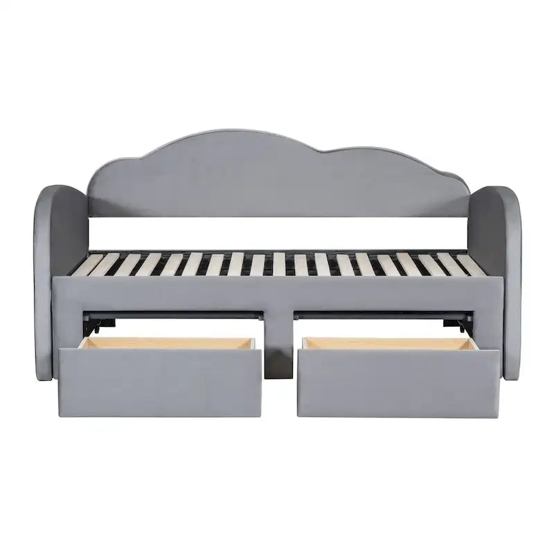 Lit de repos jumeau en velours beige/rose/gris avec lit gigogne relevable et 2 tiroirs, 2 couchages