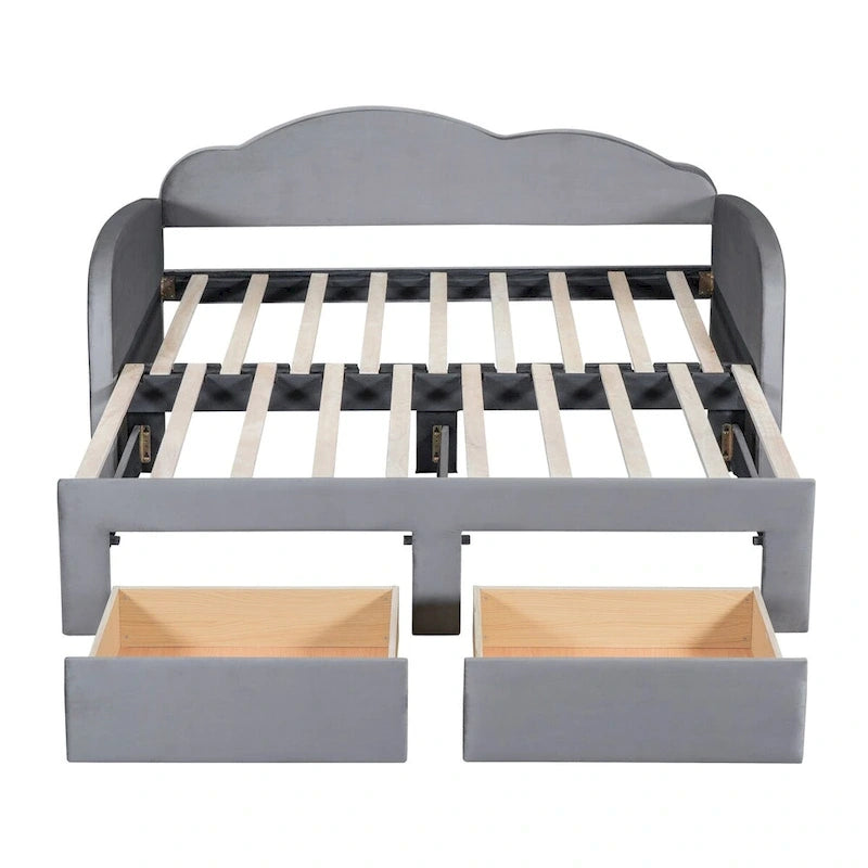 Lit de repos jumeau en velours beige/rose/gris avec lit gigogne relevable et 2 tiroirs, 2 couchages