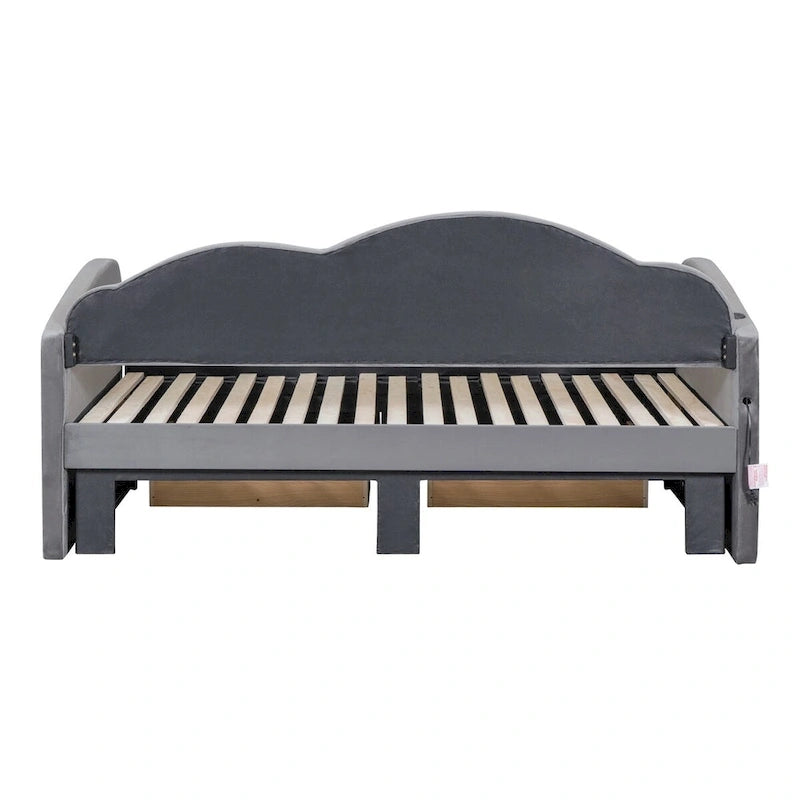 Lit de repos jumeau en velours beige/rose/gris avec lit gigogne relevable et 2 tiroirs, 2 couchages