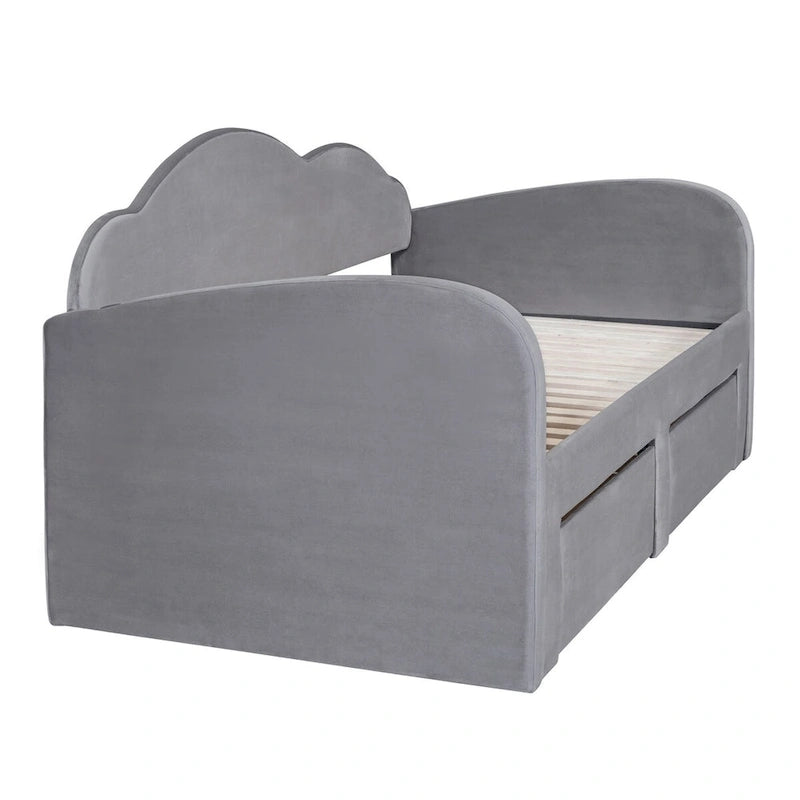 Lit de repos jumeau en velours beige/rose/gris avec lit gigogne relevable et 2 tiroirs, 2 couchages