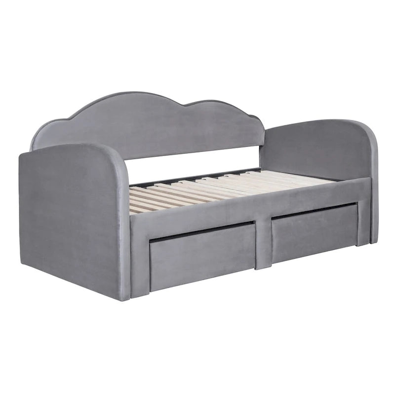 Lit de repos jumeau en velours beige/rose/gris avec lit gigogne relevable et 2 tiroirs, 2 couchages