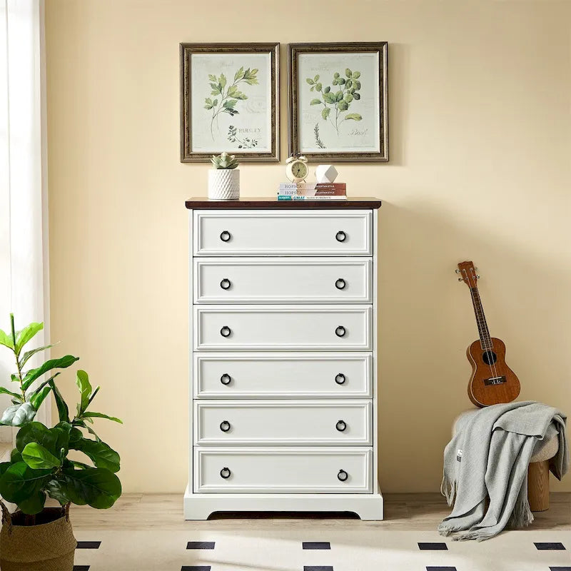 Commode à 6 tiroirs – Blanc / Naturel, Rangement de chambre pour 1