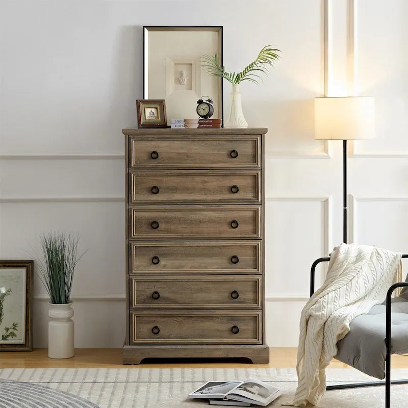 Commode à 6 tiroirs – Blanc / Naturel, Rangement de chambre pour 1