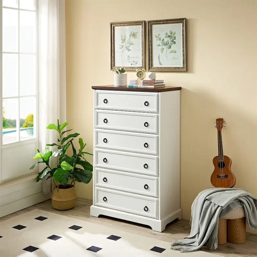 Commode à 6 tiroirs – Blanc / Naturel, Rangement de chambre pour 1