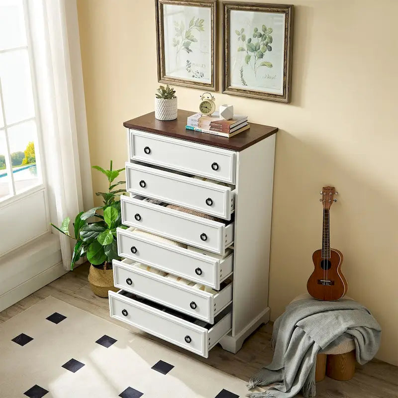 Commode à 6 tiroirs – Blanc / Naturel, Rangement de chambre pour 1