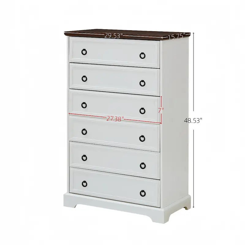 Commode à 6 tiroirs – Blanc / Naturel, Rangement de chambre pour 1