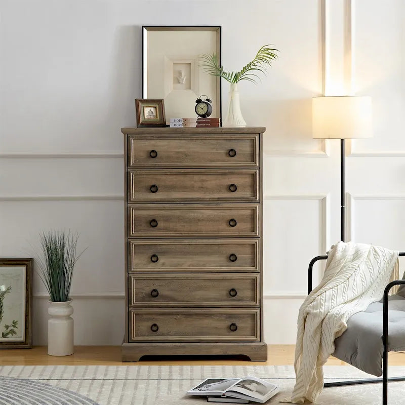 Commode à 6 tiroirs – Blanc / Naturel, Rangement de chambre pour 1