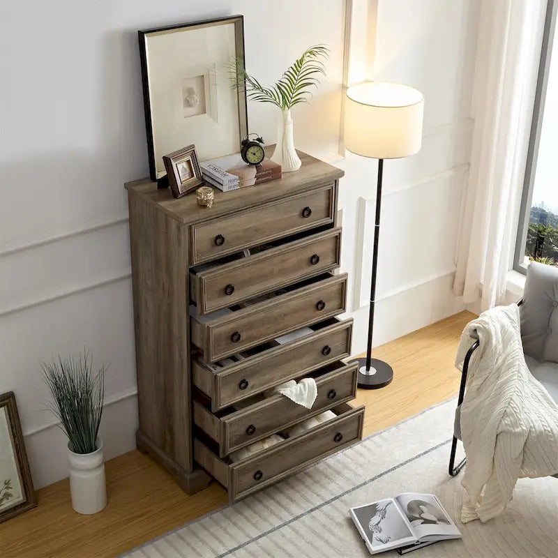 Commode à 6 tiroirs – Blanc / Naturel, Rangement de chambre pour 1