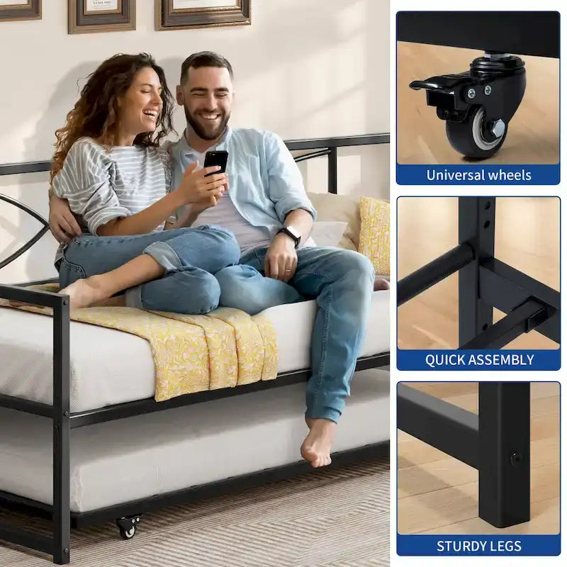 Lit de jour double en métal noir avec lit gigogne escamotable – 2 couchages
