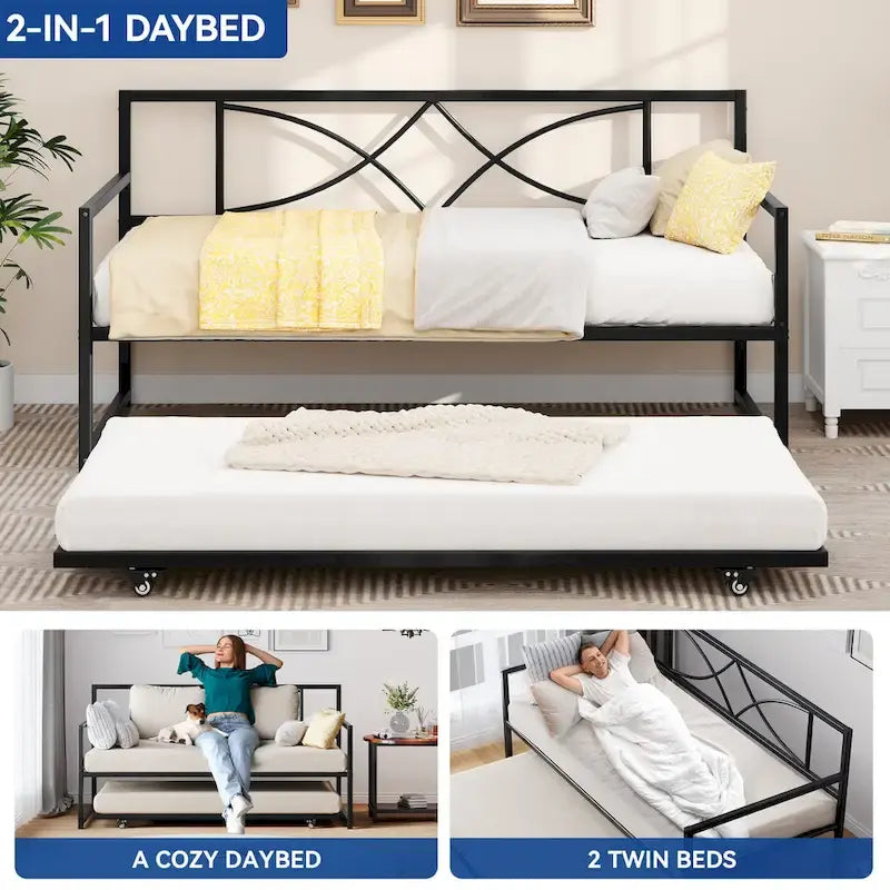 Lit de jour double en métal noir avec lit gigogne escamotable – 2 couchages