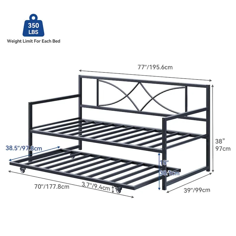 Lit de jour double en métal noir avec lit gigogne escamotable – 2 couchages
