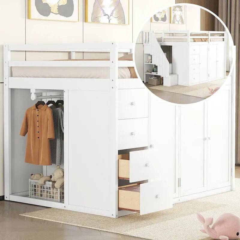 Lit mezzanine pleine grandeur avec armoire et tiroirs, Blanc/Gris, 1 personne